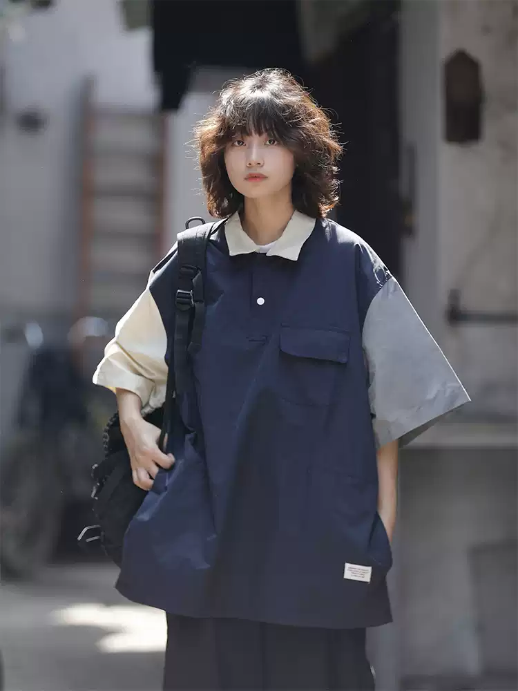 阿于呆 夏季日系复古多口袋撞色polo衫翻领宽松男女情侣潮流短袖